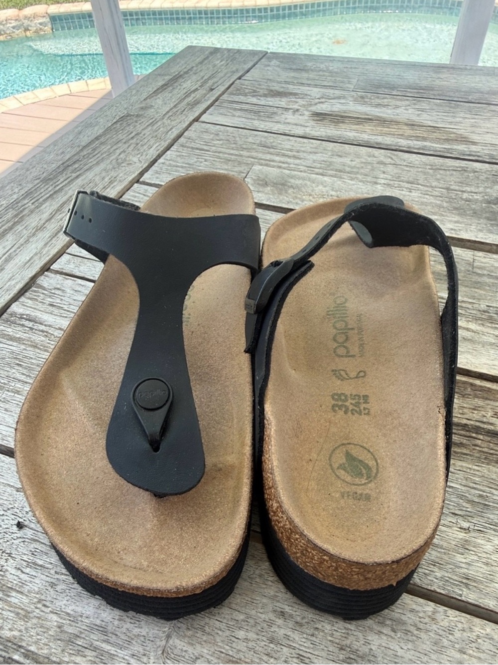 Papillio Black T‑Strap Cork Footbed Sandals 38 platform Birkenstock